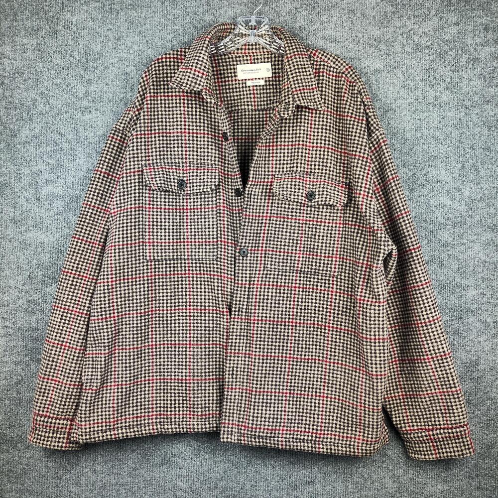 Abercrombie & Fitch Jacket Mens 2XL Beige Plaid Flannel Button Front Relaxed